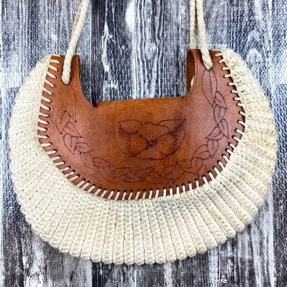 Vintage Crochet & Leather Purse Hand Tooled Stamped Flowers Boho Vibes - Picture 5 of 8